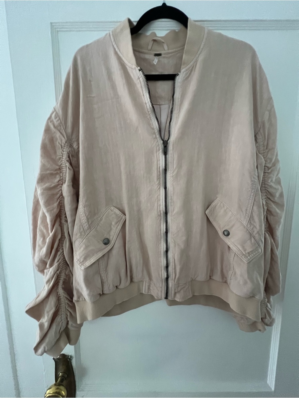 Free People Blush Beige Ruched-Sleeve Bomber Jacket